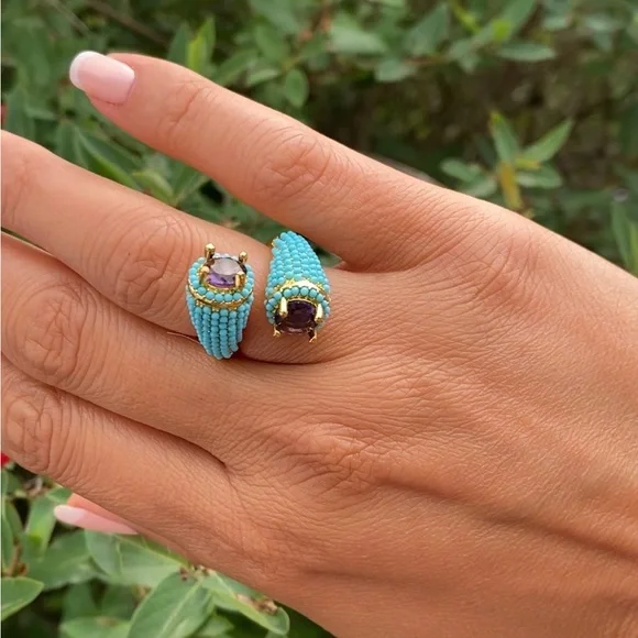 Turquoise and Gold Beaded Women's Ring - Picture 3 of 3